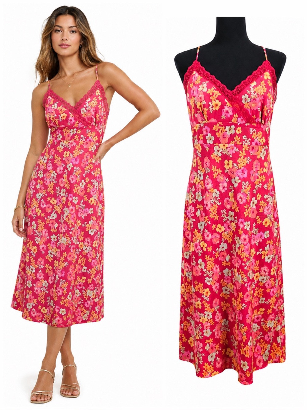 Vintage Express Floral Slip Dress Pink Lace Trim Y2K Coquette Cottagecore Medium